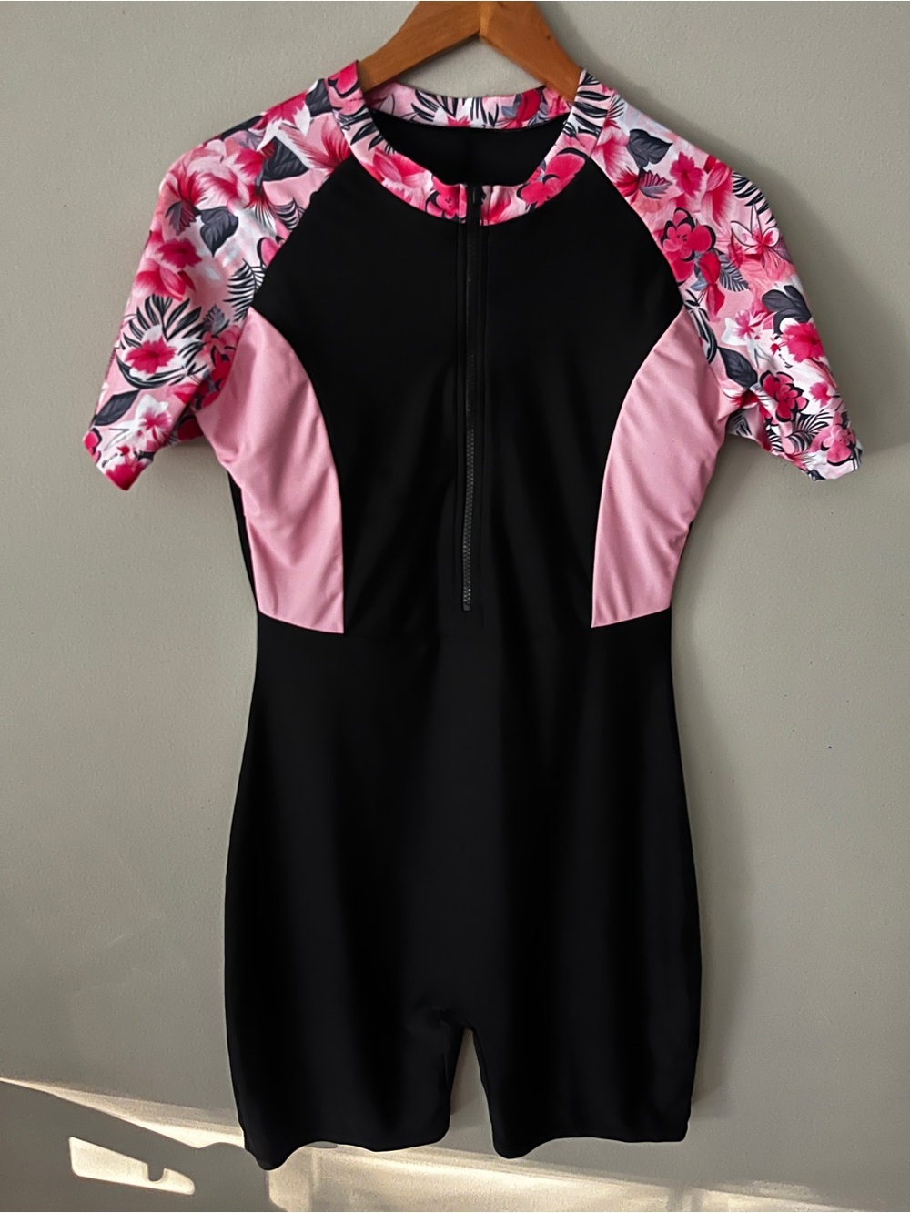Womens Short-Sleeve One-Piece Swimsuit - Black with Pink Floral Sleeves